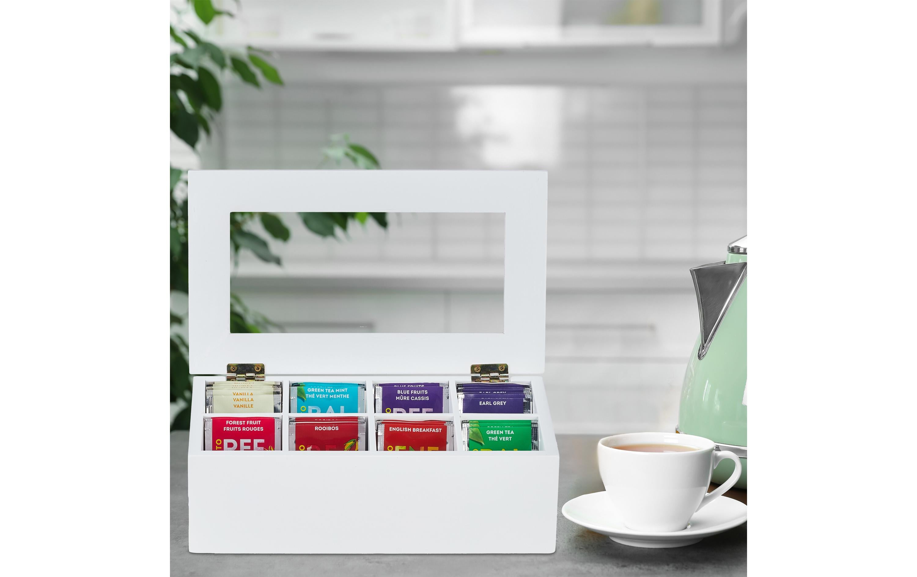 relaxdays Teebeutel-Box 8 Fächer, Transparent/Weiss