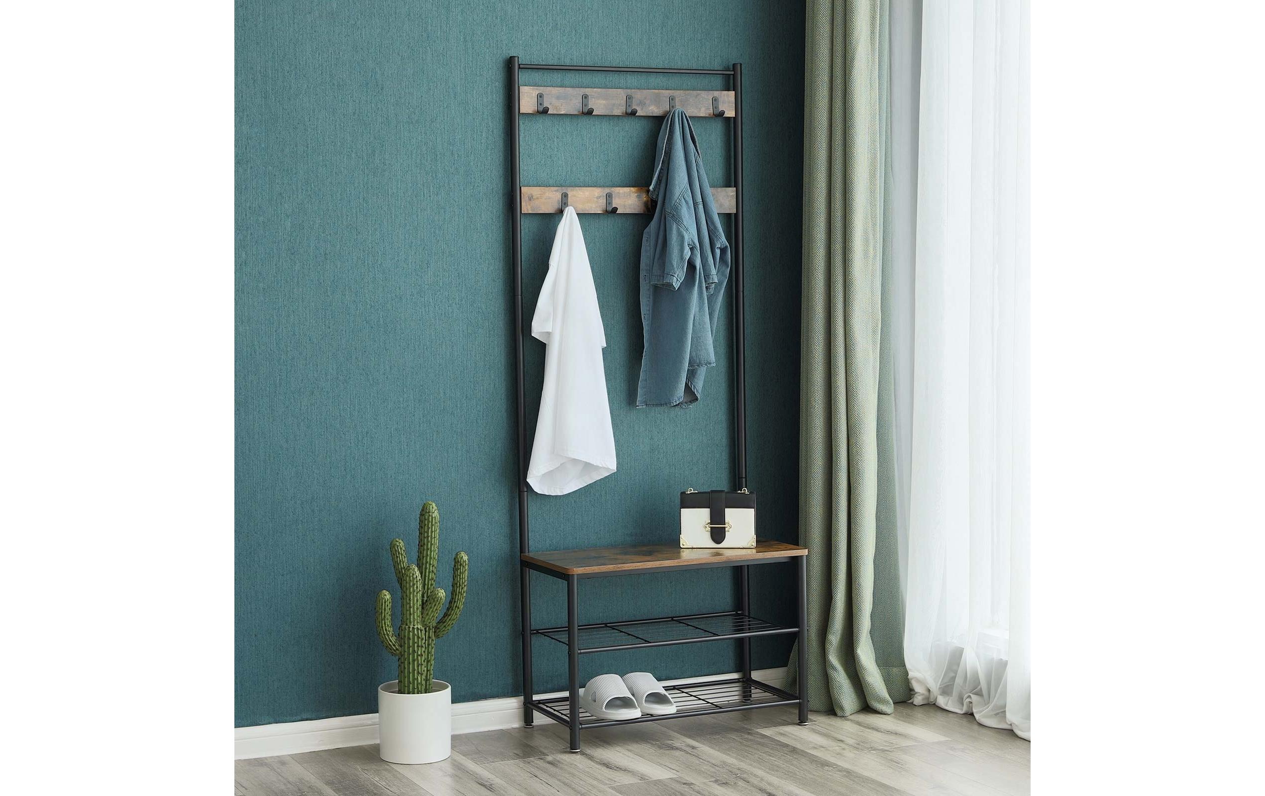 VASAGLE Garderobenständer mit Schuhablagen 175 cm, Braun/Schwarz