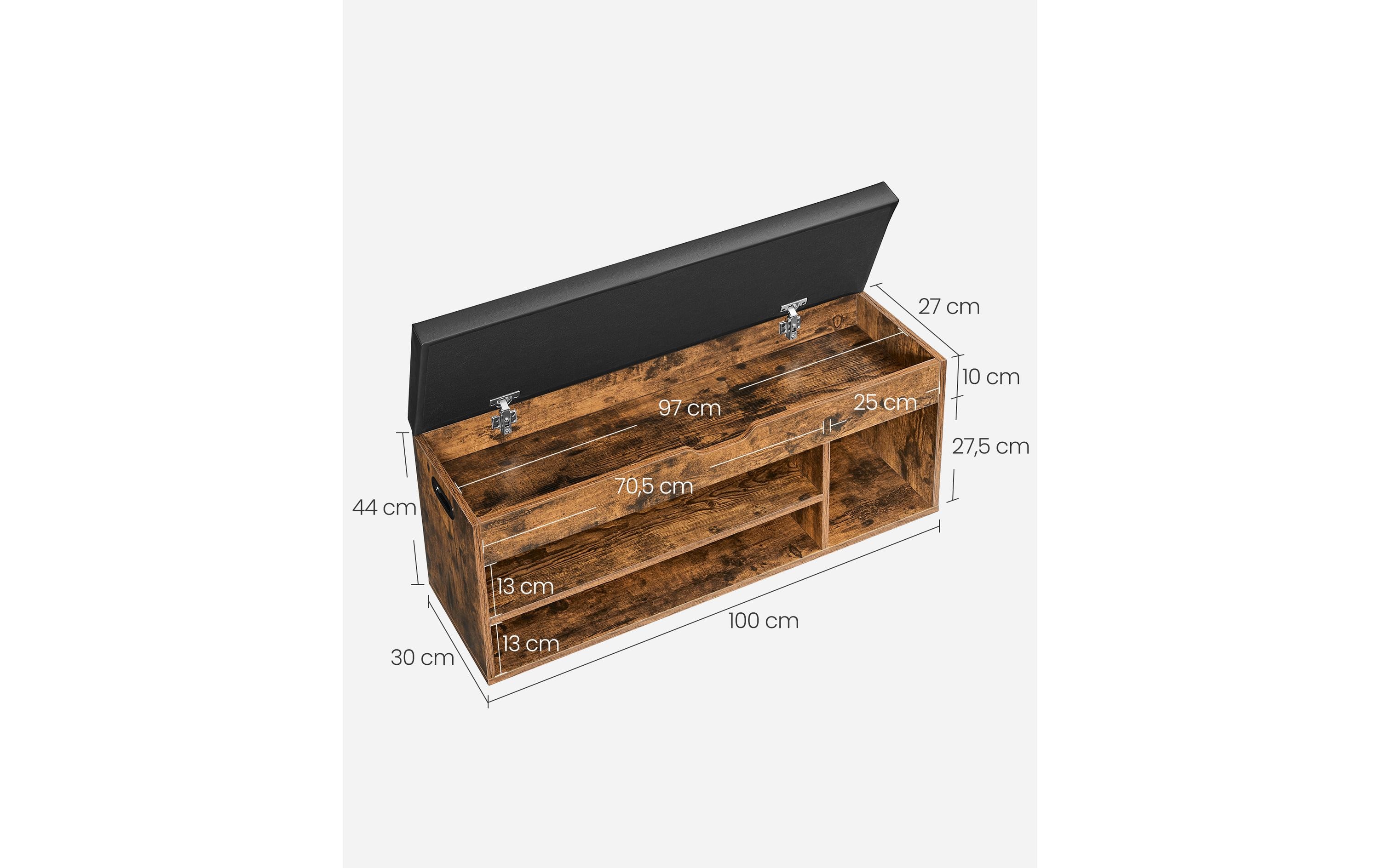 VASAGLE Sitztruhe mit 3 Fächern 100 x 44 x 30 cm, Braun