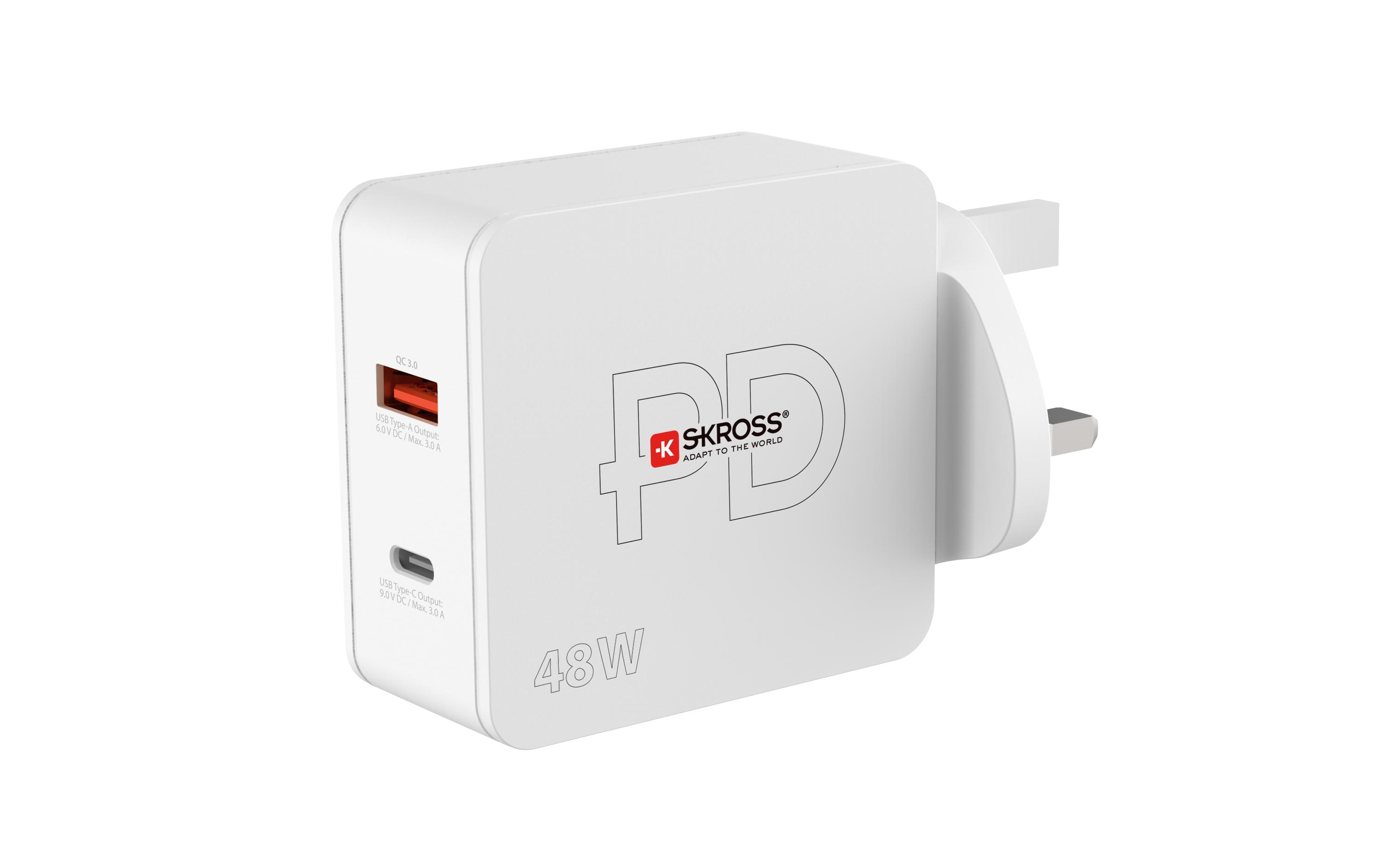 SKROSS USB-Wandladegerät Multipower Combo+, UK, 48 W, Weiss