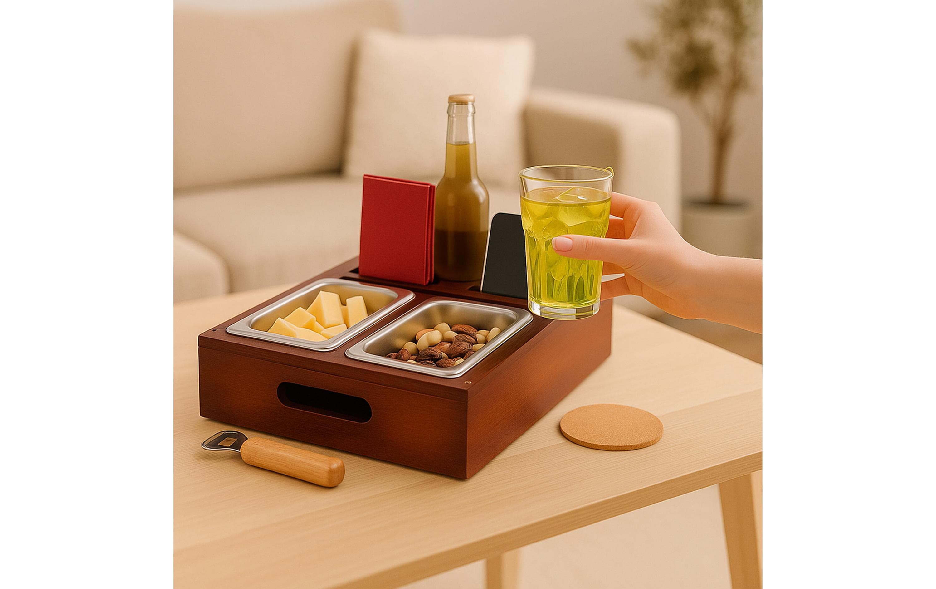 relaxdays Serviertablett mit Snackschalen Dunkelbraun
