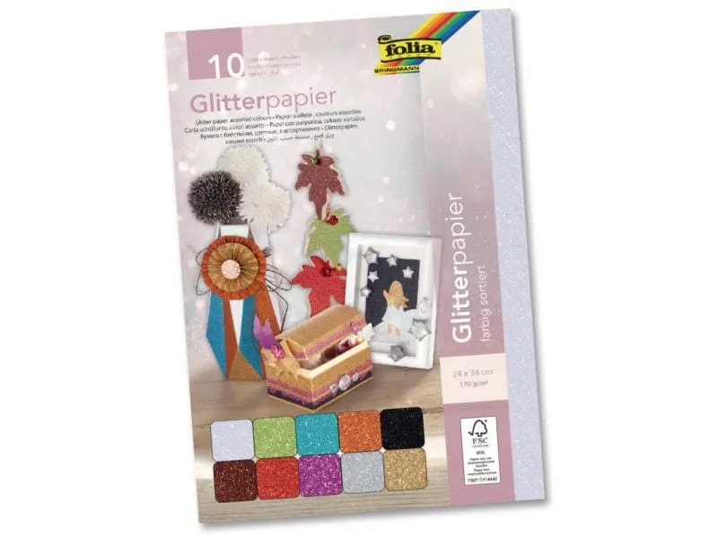 Folia Glitzerkarton 24 x 34 cm, 170 g/m², 10 Blatt, Mehrfarbig Folia Glitzerkarton 24 x 34 cm, 170 g/m², 10 Blatt, Mehrfarbig
