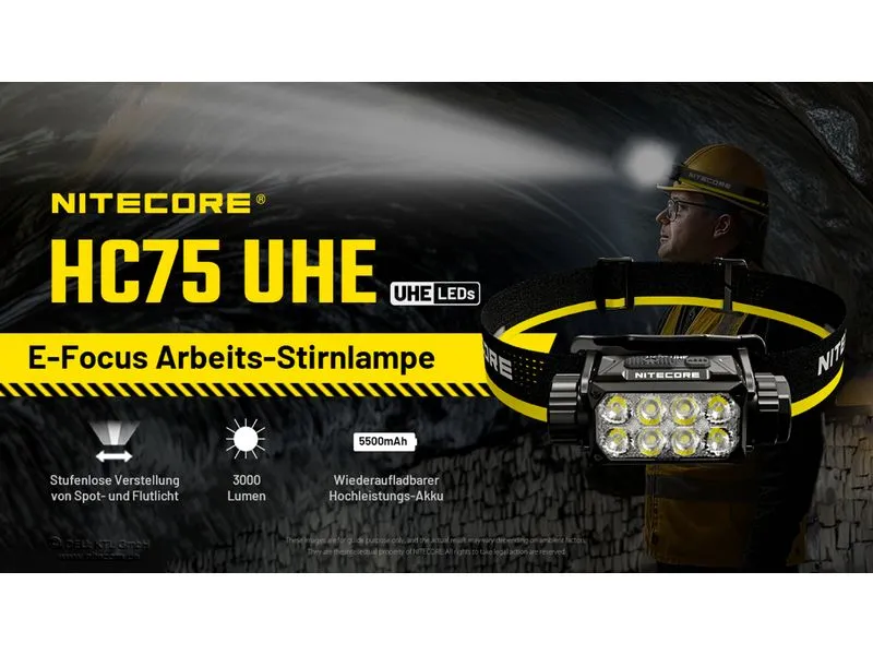 Nitecore Stirnlampe HC75UHE 3000 lm Gelb/Schwarz Nitecore Stirnlampe HC75UHE 3000 lm Gelb/Schwarz