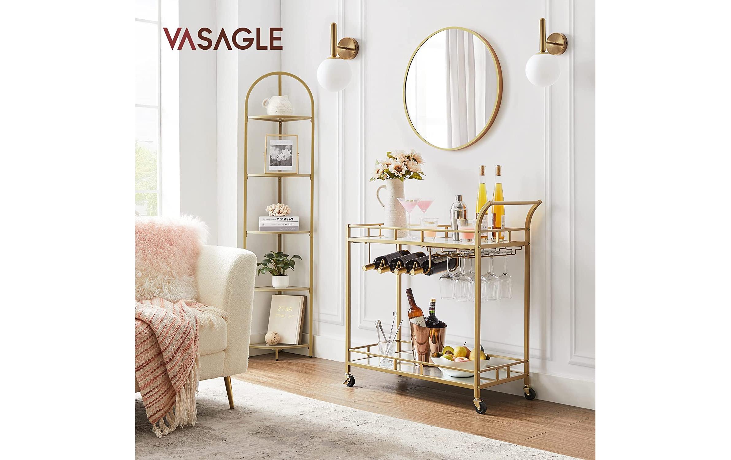 VASAGLE Servierwagen mit Glasplatten 38 x 77.5 cm, Gold