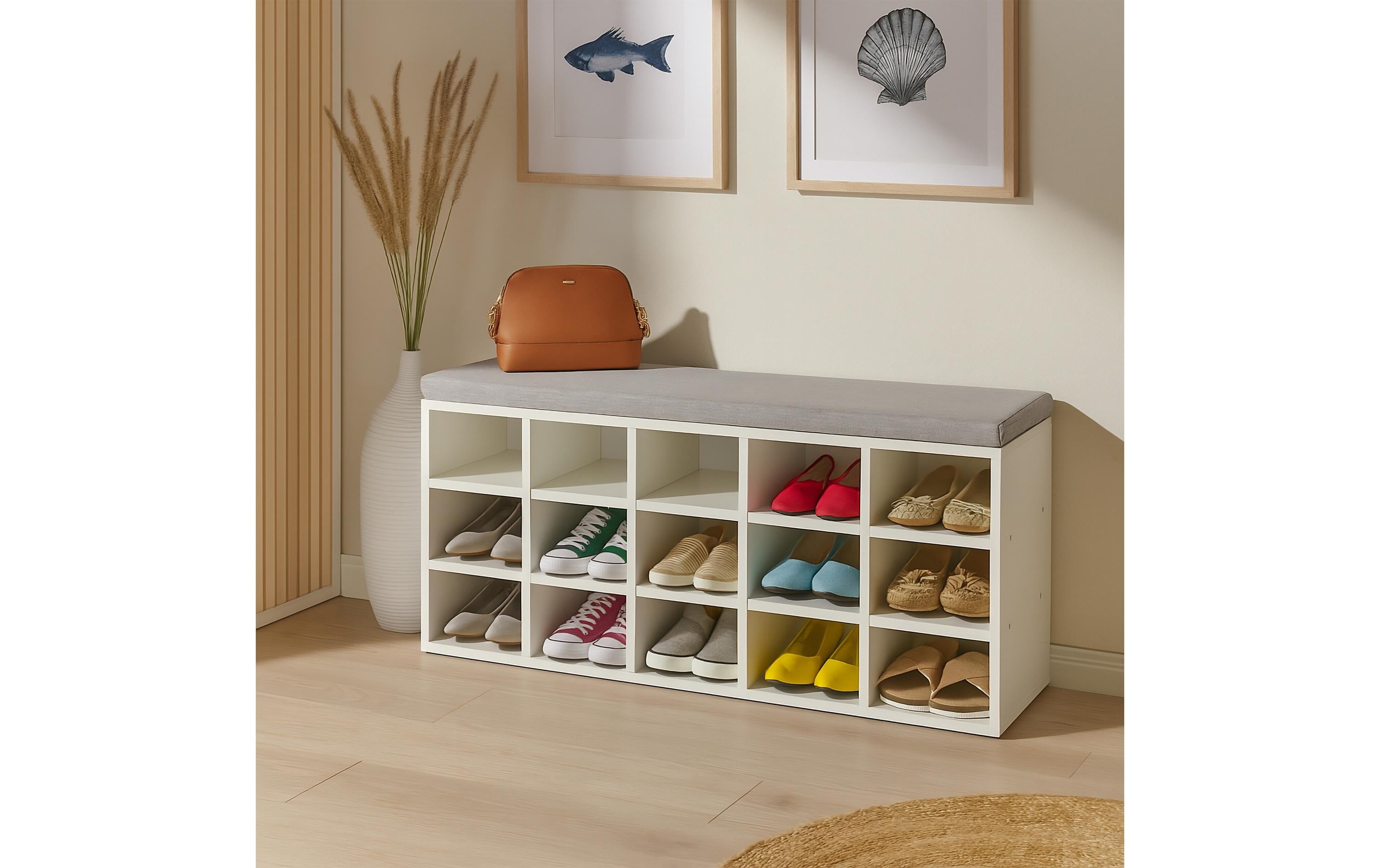 relaxdays Schuhbank mit Sitzfläche mit 15 Fächern, Grau/Weiss