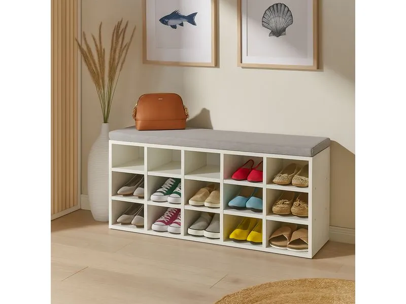 relaxdays Schuhbank mit Sitzfläche mit 15 Fächern, Grau/Weiss
