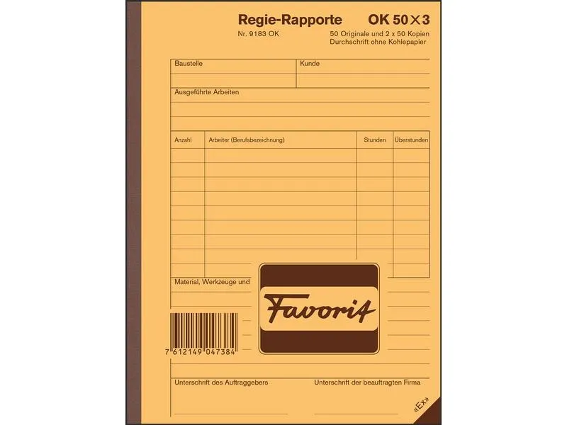 Favorit Durchschreibeblock 156 x 210 mm, Regie-Rapporte Favorit Durchschreibeblock 156 x 210 mm, Regie-Rapporte