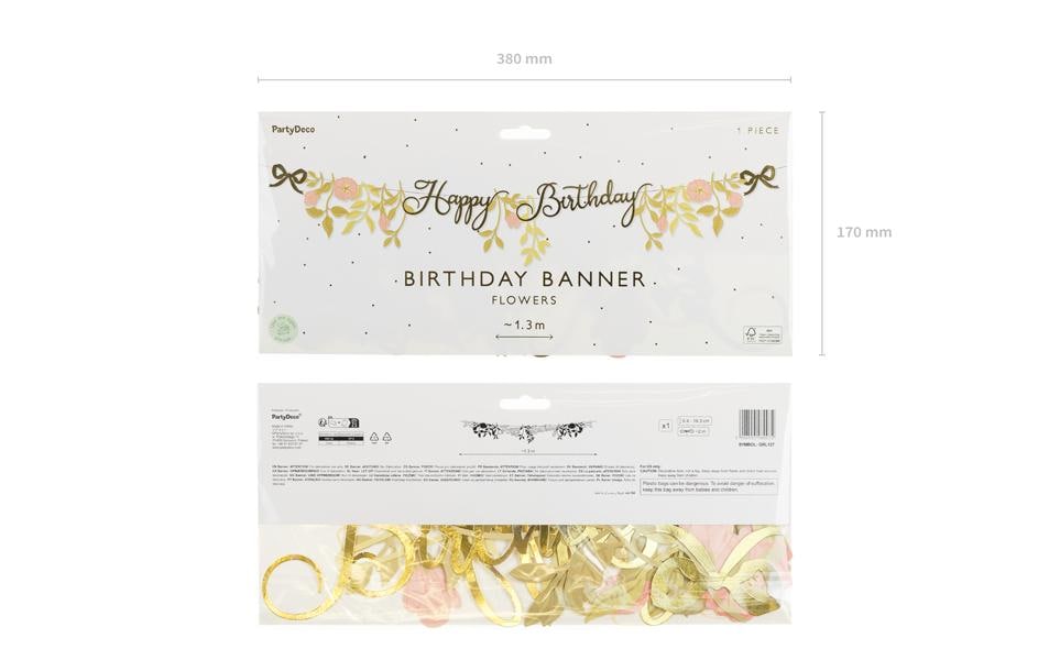 Partydeco Girlande Happy Birthday Blumen, Rosa/Gold, 1.3 m