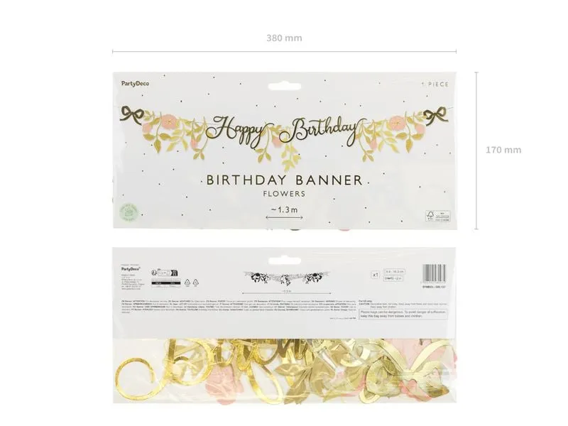 Partydeco Girlande Happy Birthday Blumen, Rosa/Gold, 1.3 m