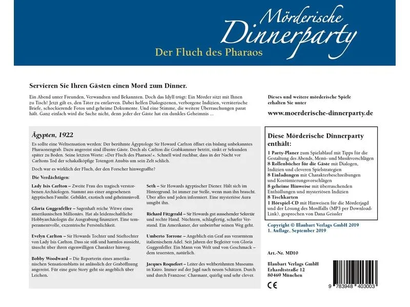 Blaubart Verlag Partyspiel Mörderische Dinnerparty: Der Fluch des Pharaos