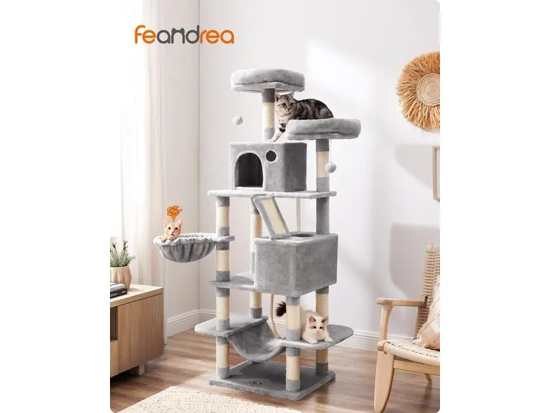 Feandrea Kratzbaum mit 2 Höhlen, 168 cm, Grau/Beige Feandrea Kratzbaum mit 2 Höhlen, 168 cm, Grau/Beige