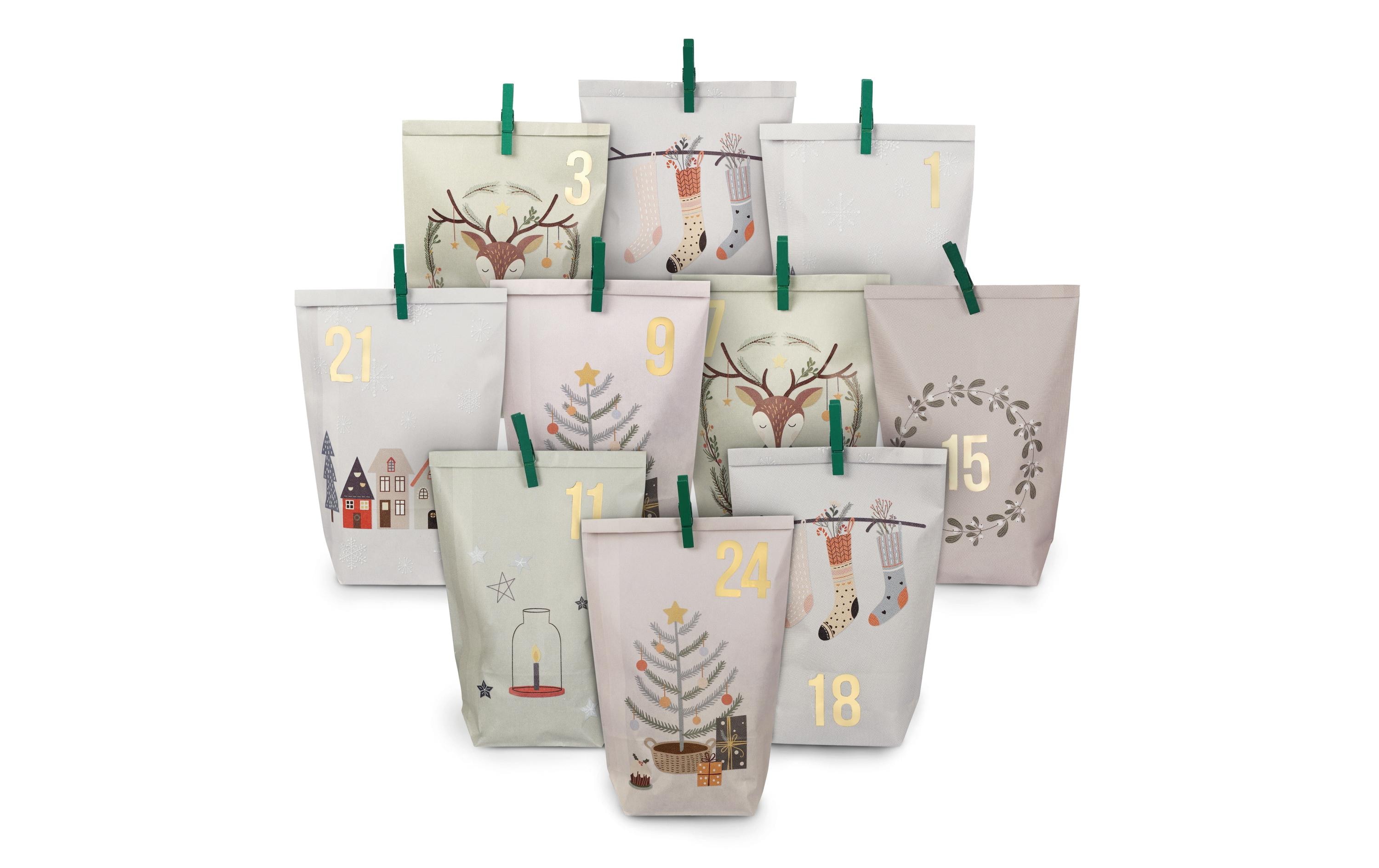 G. Wurm Adventskalender Tüten mit Klammern Weihnachtsmotiv, 72 Stück