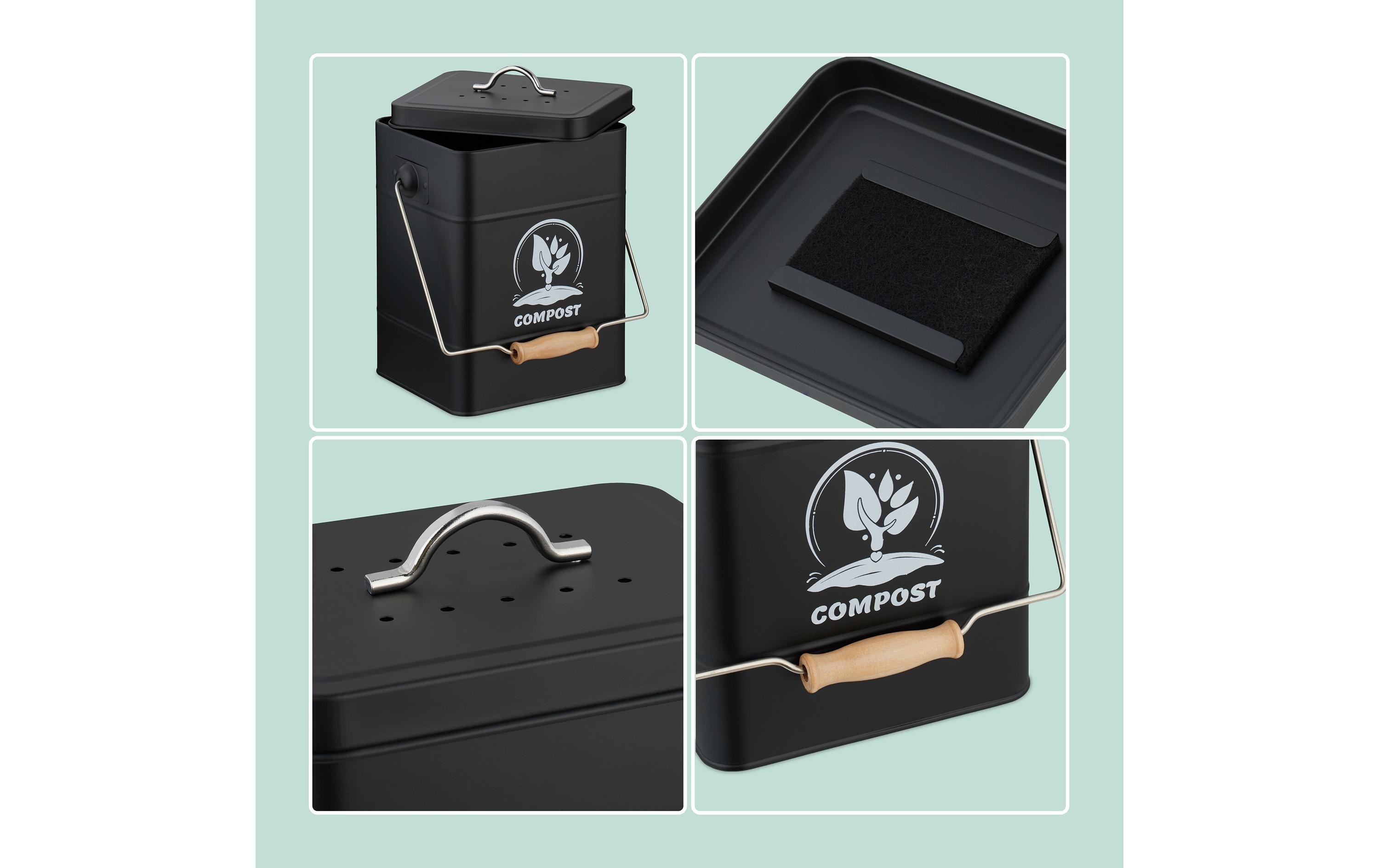 relaxdays Komposteimer mit Geruchsfilter, 6 l, Schwarz/Silber