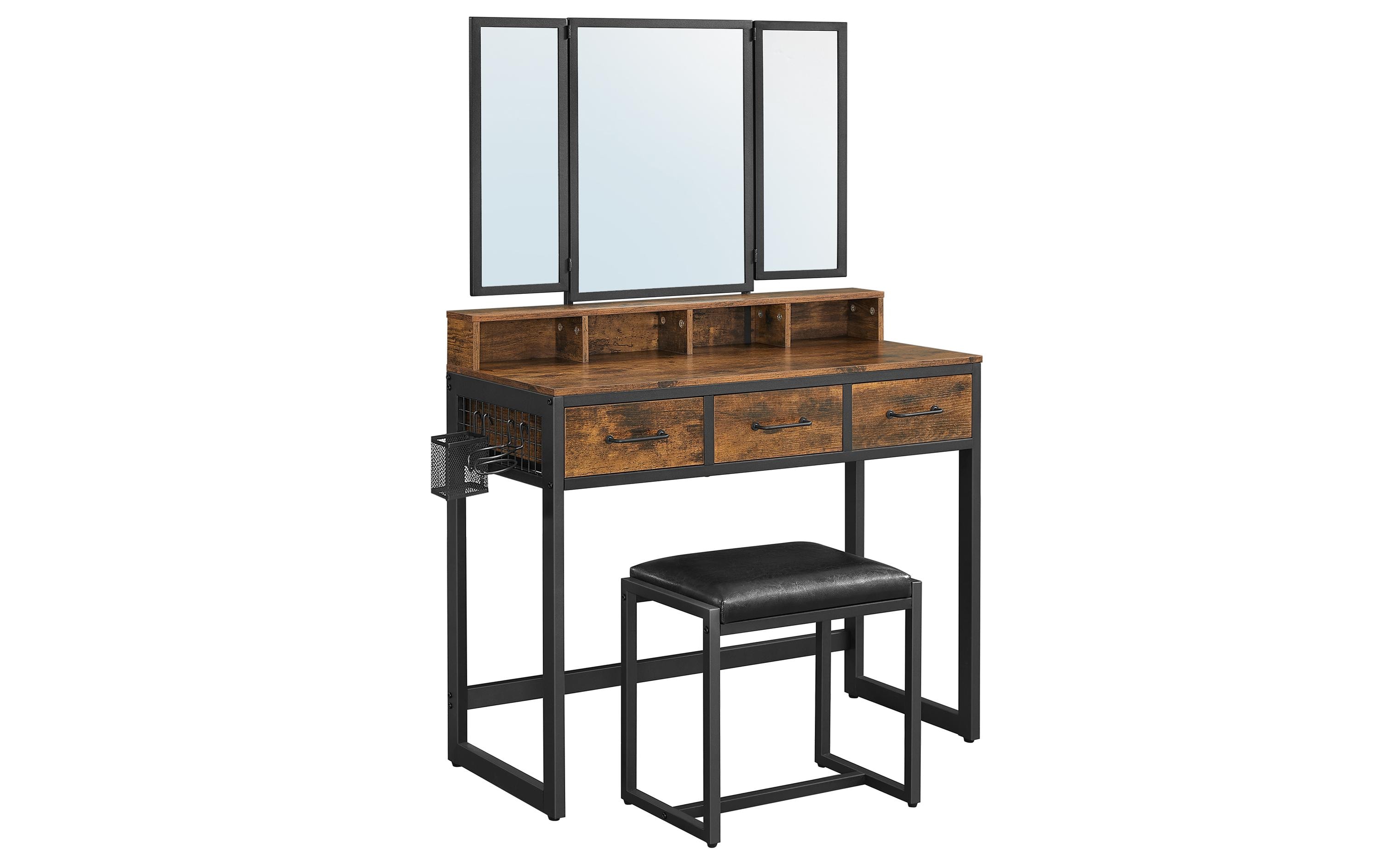 VASAGLE Schminktisch mit Hocker 90 x 141 cm, Braun/Schwarz VASAGLE Schminktisch mit Hocker 90 x 141 cm, Braun/Schwarz