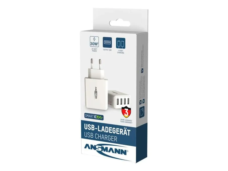 Ansmann USB-Wandladegerät Home Charger HC430, 4x USB, 30 W, Weiss Ansmann USB-Wandladegerät Home Charger HC430, 4x USB, 30 W, Weiss