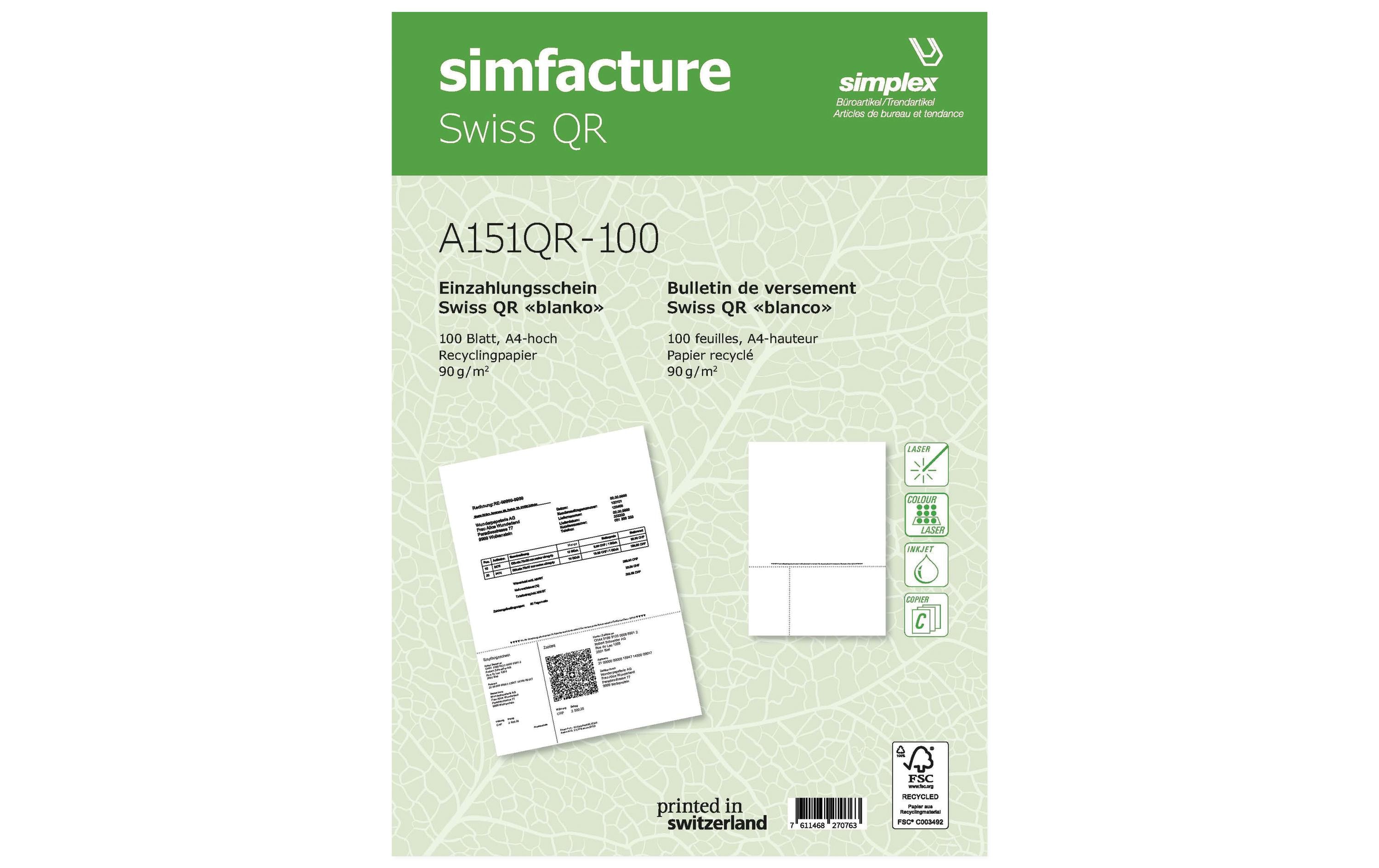 Simplex Einzahlungsschein Simfacture Swiss QR Recycling 100 Blatt