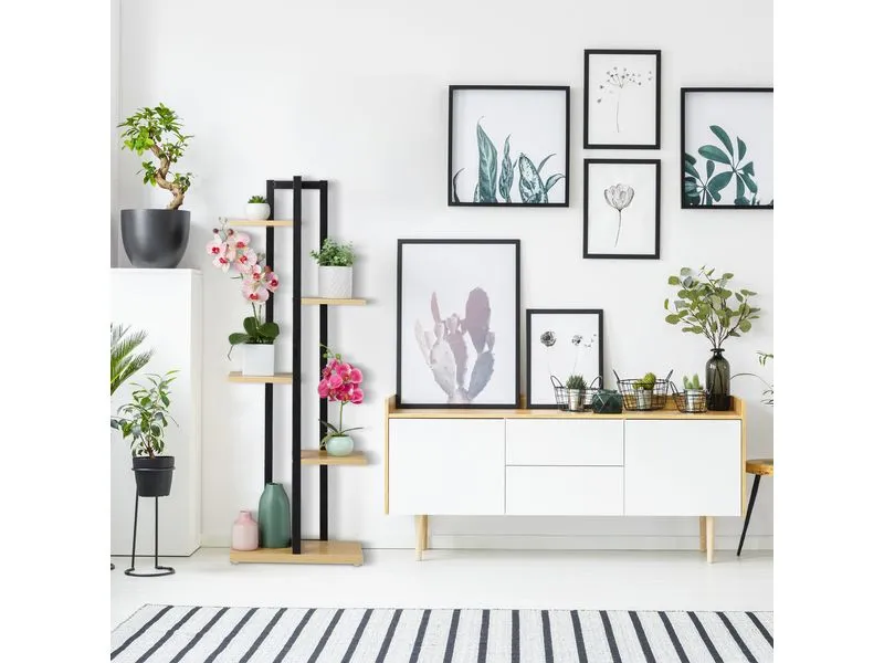 relaxdays Blumentreppe Stahl / MDF, Hellbraun / Schwarz, 117 cm