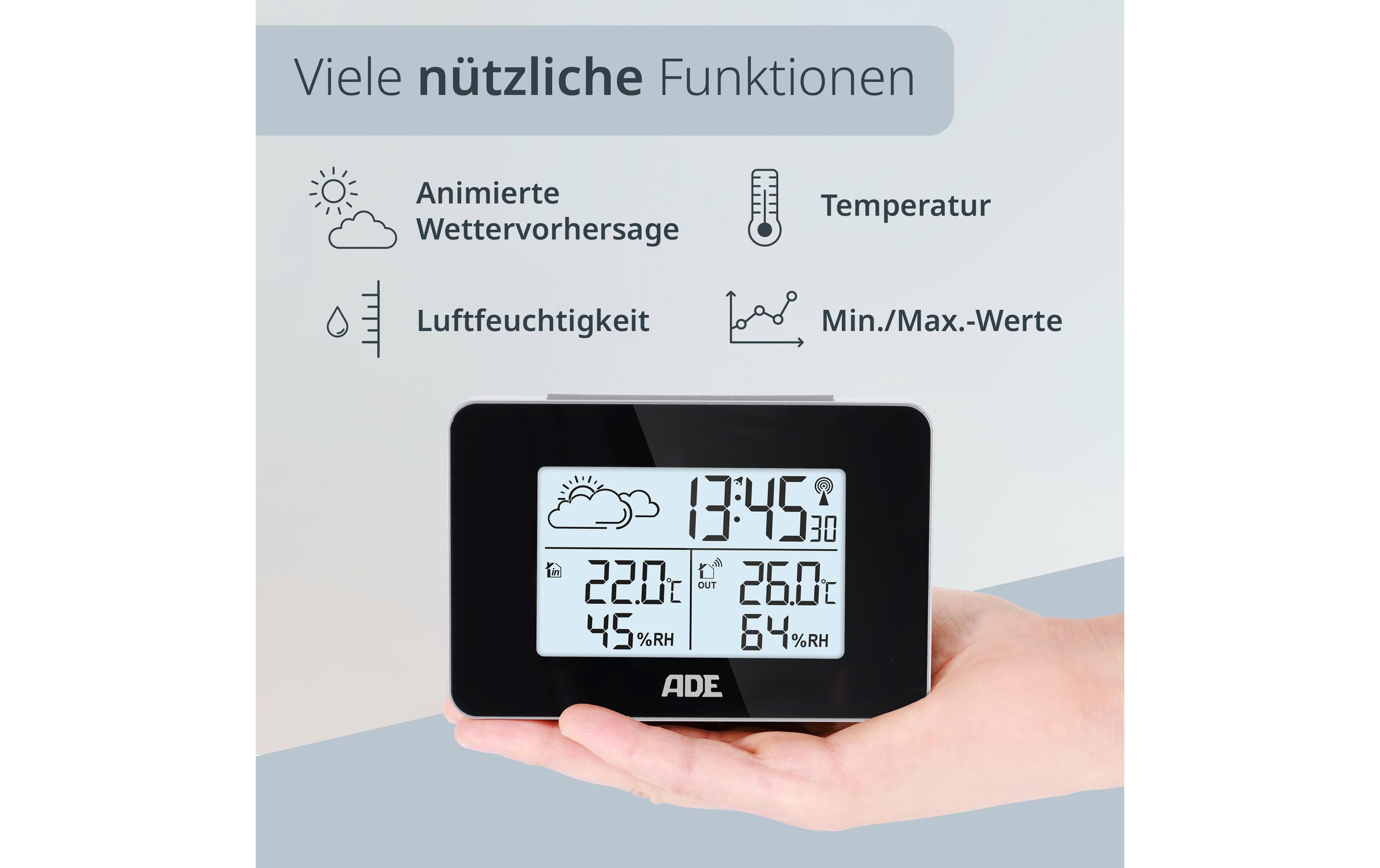 ADE Wetterstation mit Funk-Aussensensor mit DCF-Funkuhr, Schwarz