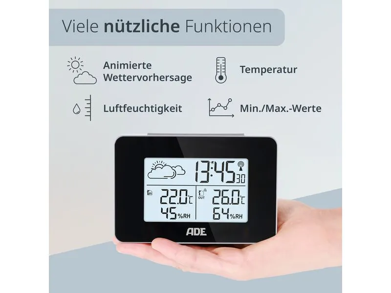 ADE Wetterstation mit Funk-Aussensensor mit DCF-Funkuhr, Schwarz ADE Wetterstation mit Funk-Aussensensor mit DCF-Funkuhr, Schwarz