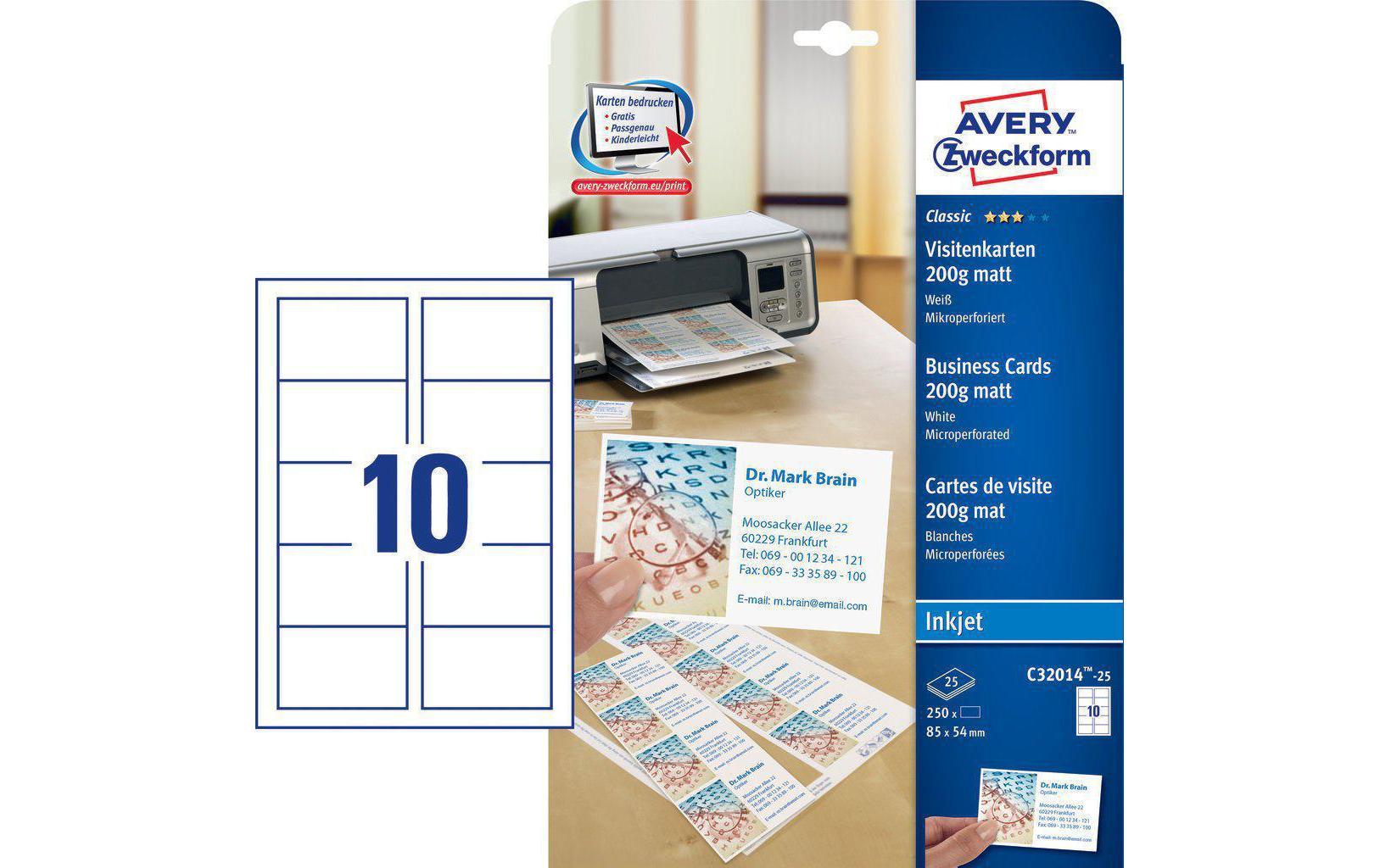 Avery Zweckform Visitenkarten-Etiketten Inkjet 85 x 54 mm 250 Stück