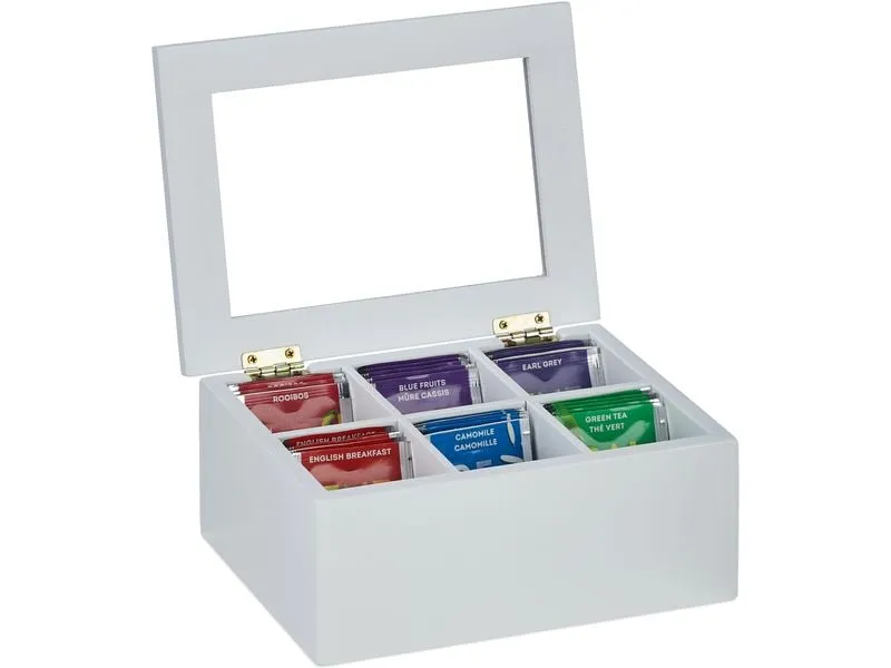 relaxdays Teebeutel-Box 6 Fächer, Transparent/Weiss