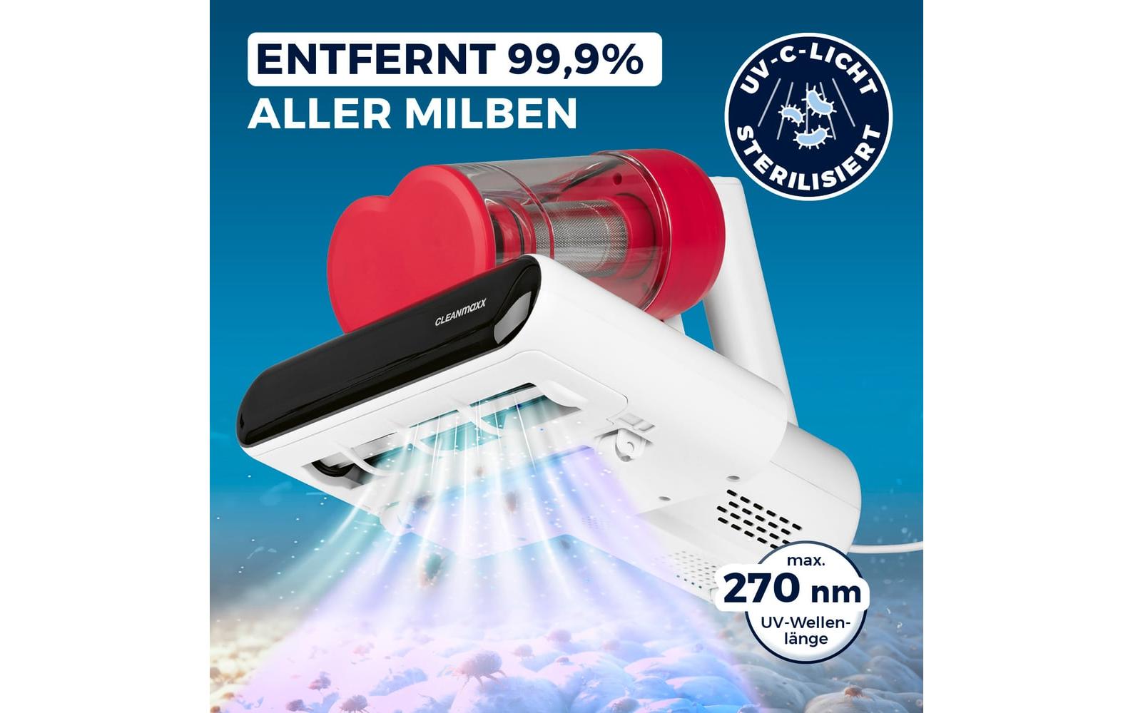 CLEANmaxx Milben-Handstaubsauger 400W, Weiss/Rot + CH-Stecker