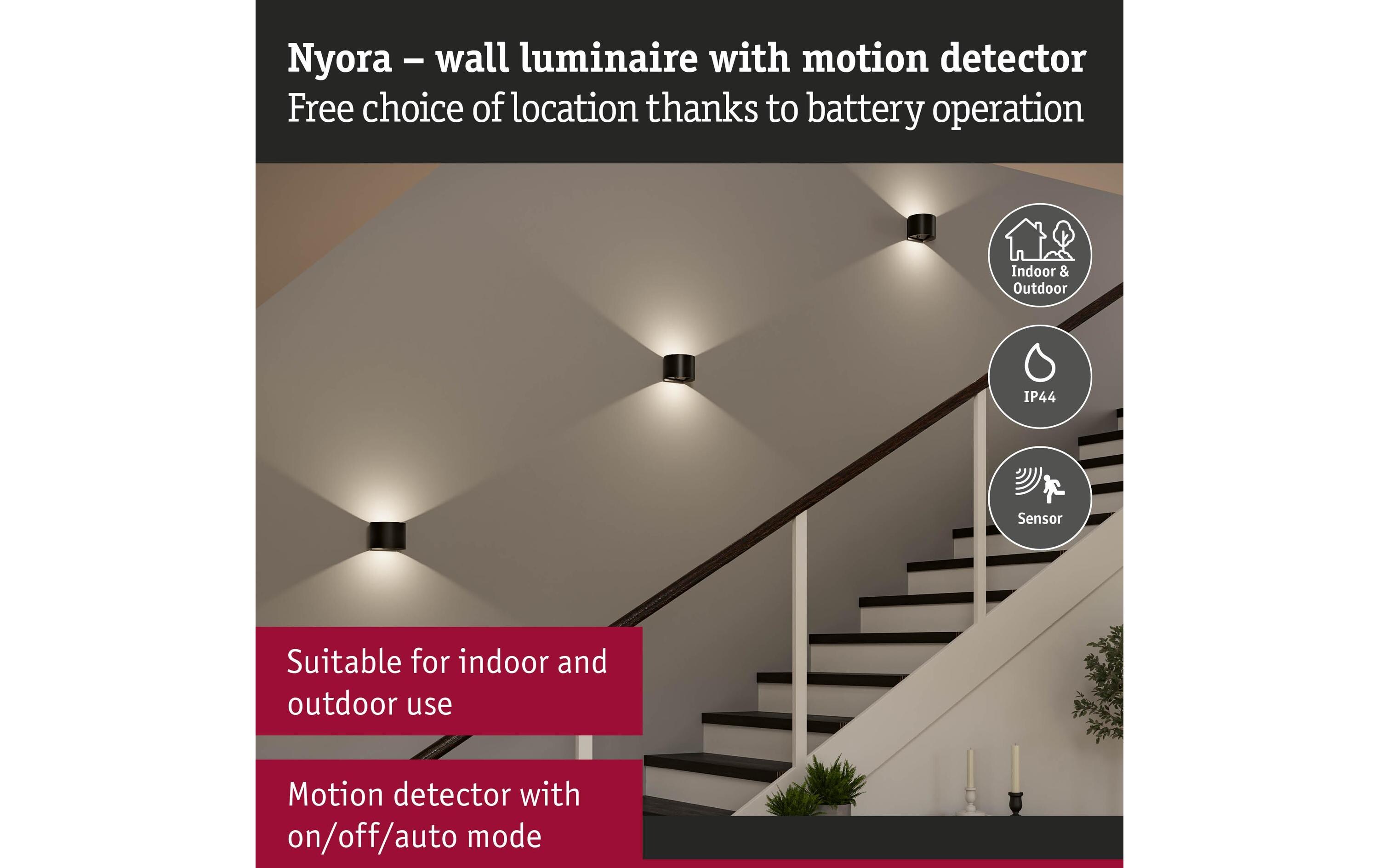 Paulmann Akkuwandleuchte Nyora IP44, Schwarz Paulmann Akkuwandleuchte Nyora IP44, Schwarz