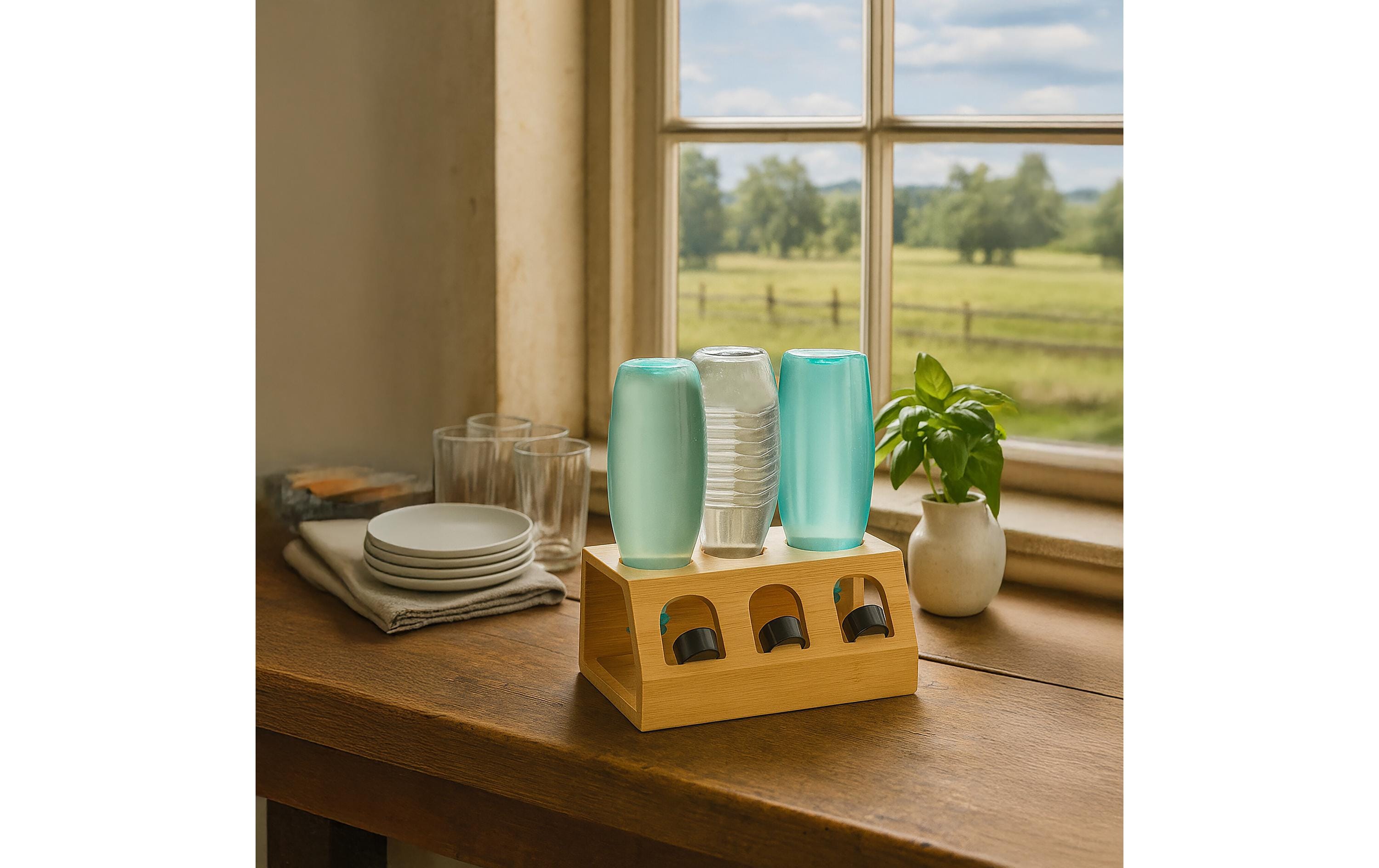 relaxdays Abtropfgestellt für 3 Flaschen, Hellbraun