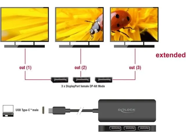 Delock 3-Port Signalsplitter 4K 30 Hz, USB-C - 3x DisplayPort