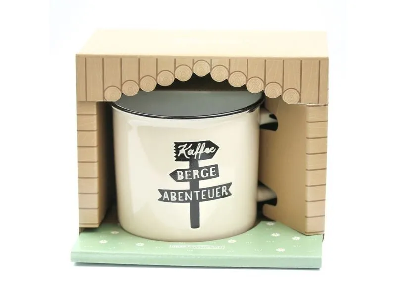 Grafik Werkstatt Vintage Becher Bergglück, Kaffee, Berge, Abenteuer Grafik Werkstatt Vintage Becher Bergglück, Kaffee, Berge, Abenteuer