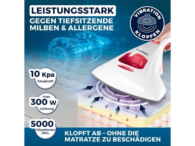 CLEANmaxx Milben-Handstaubsauger mit UV-C-Licht 300W, Weiss/Rot