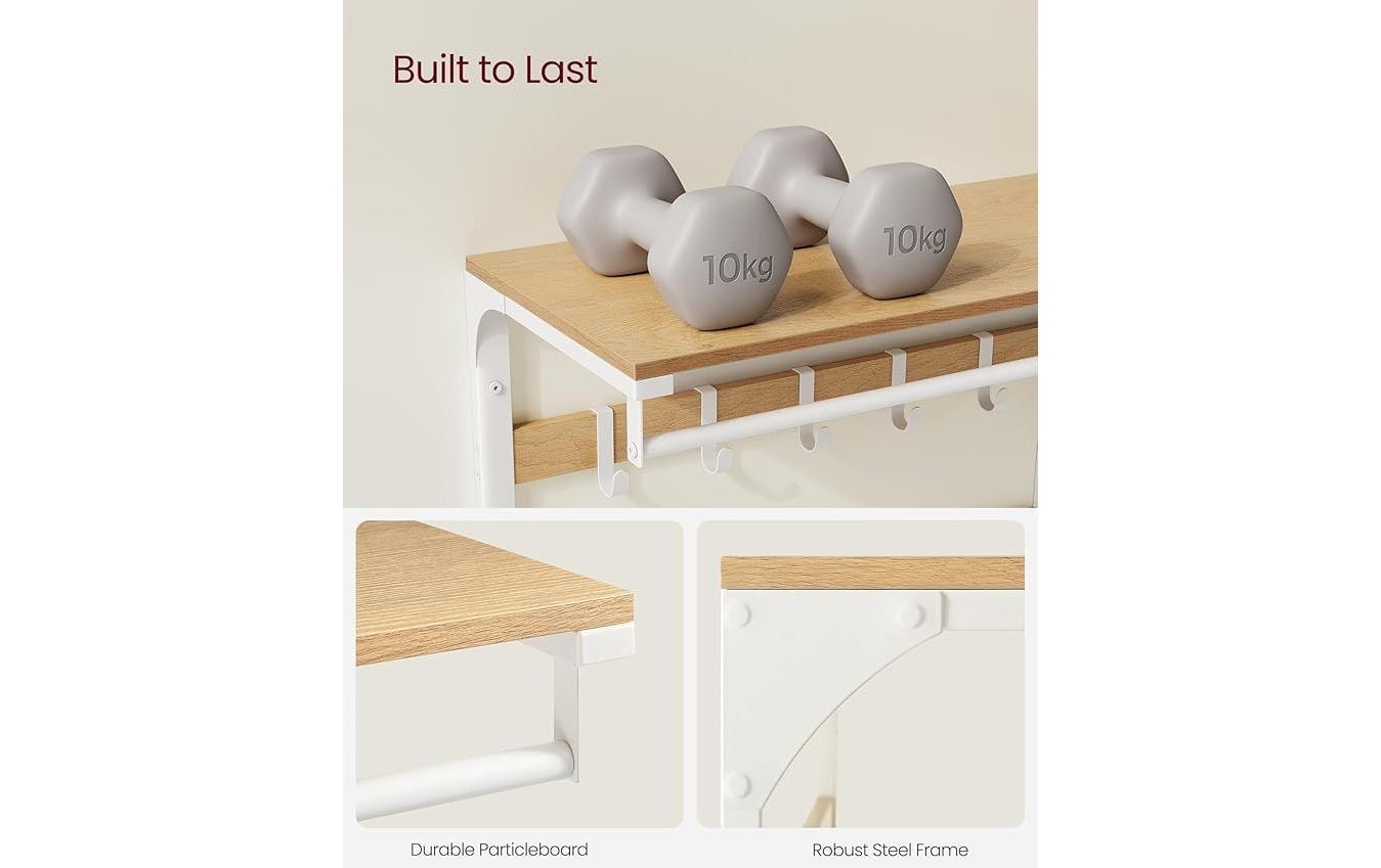 VASAGLE Wandgarderobe mit 10 Haken 65 cm x 42 cm, Weiss/Braun