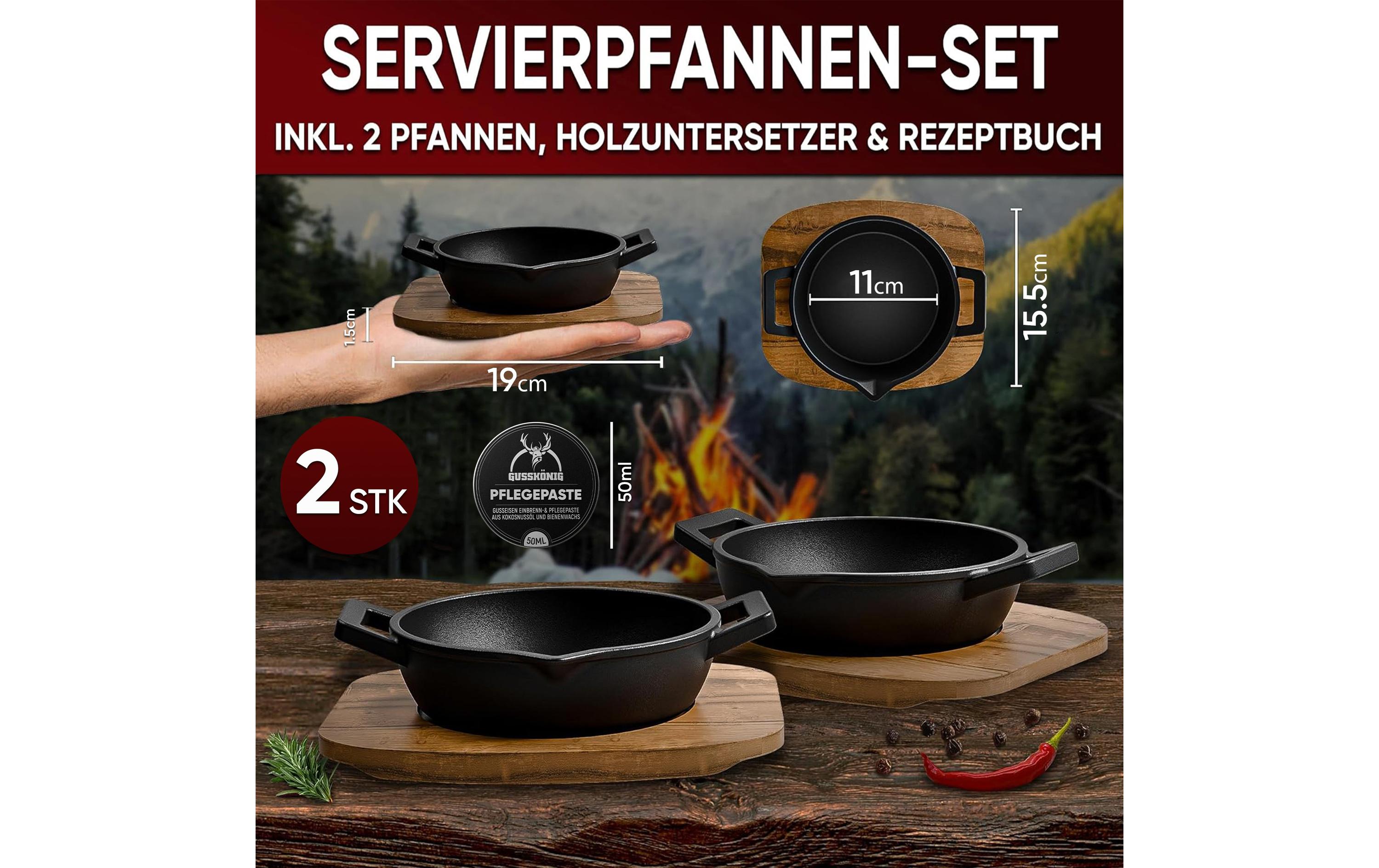 Gusskoenig Eingebrannte runde Mini-Pfanne 2-set mit Holzsockel