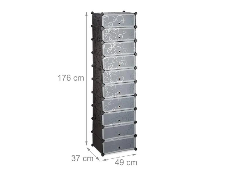 relaxdays Schuhschrank mit 10 Ebenen 176 x 49 cm, Schwarz/Transparent