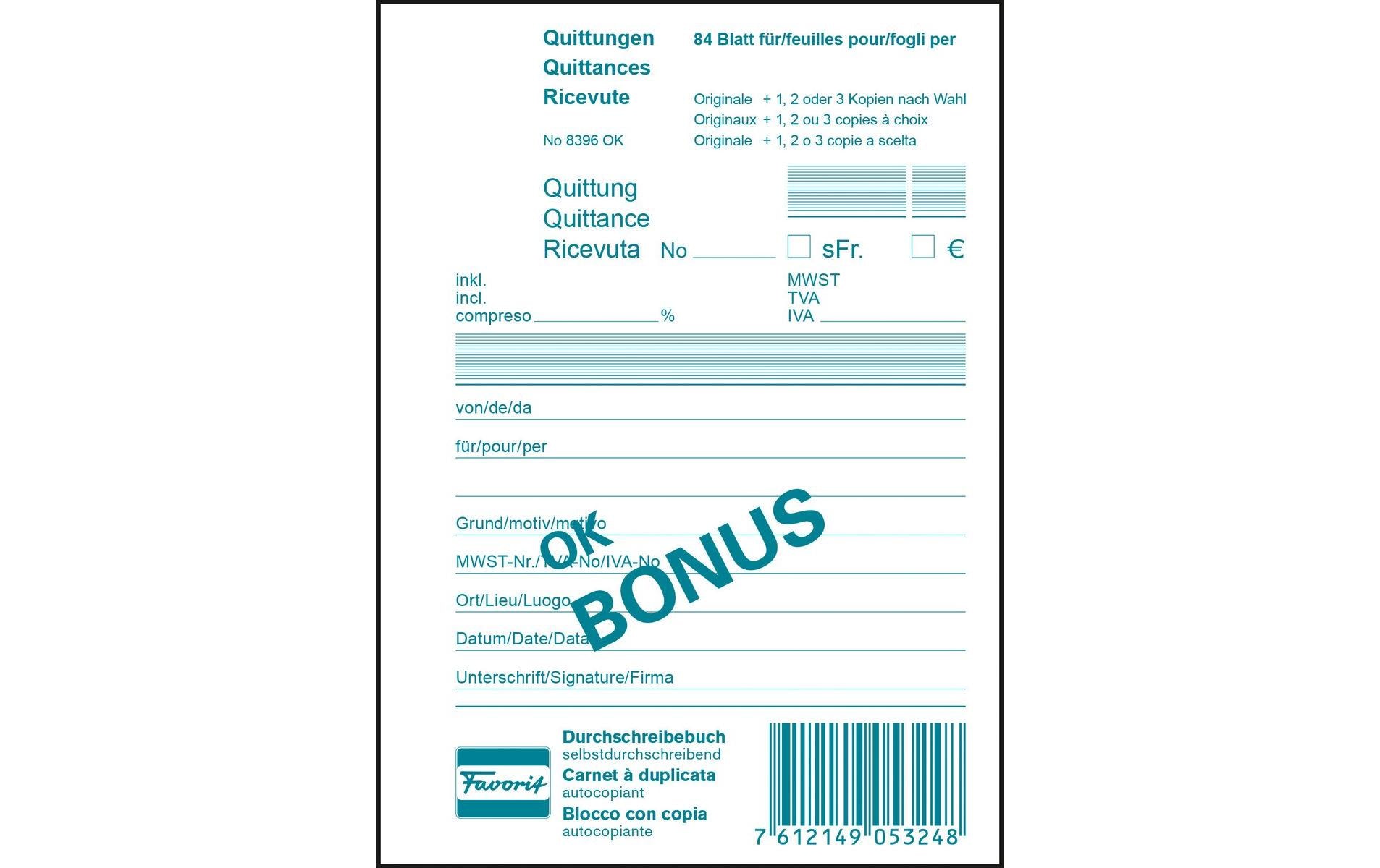 Favorit Durchschreibeblock 104 x 144 mm Quittungen Bonus, 84 Blatt