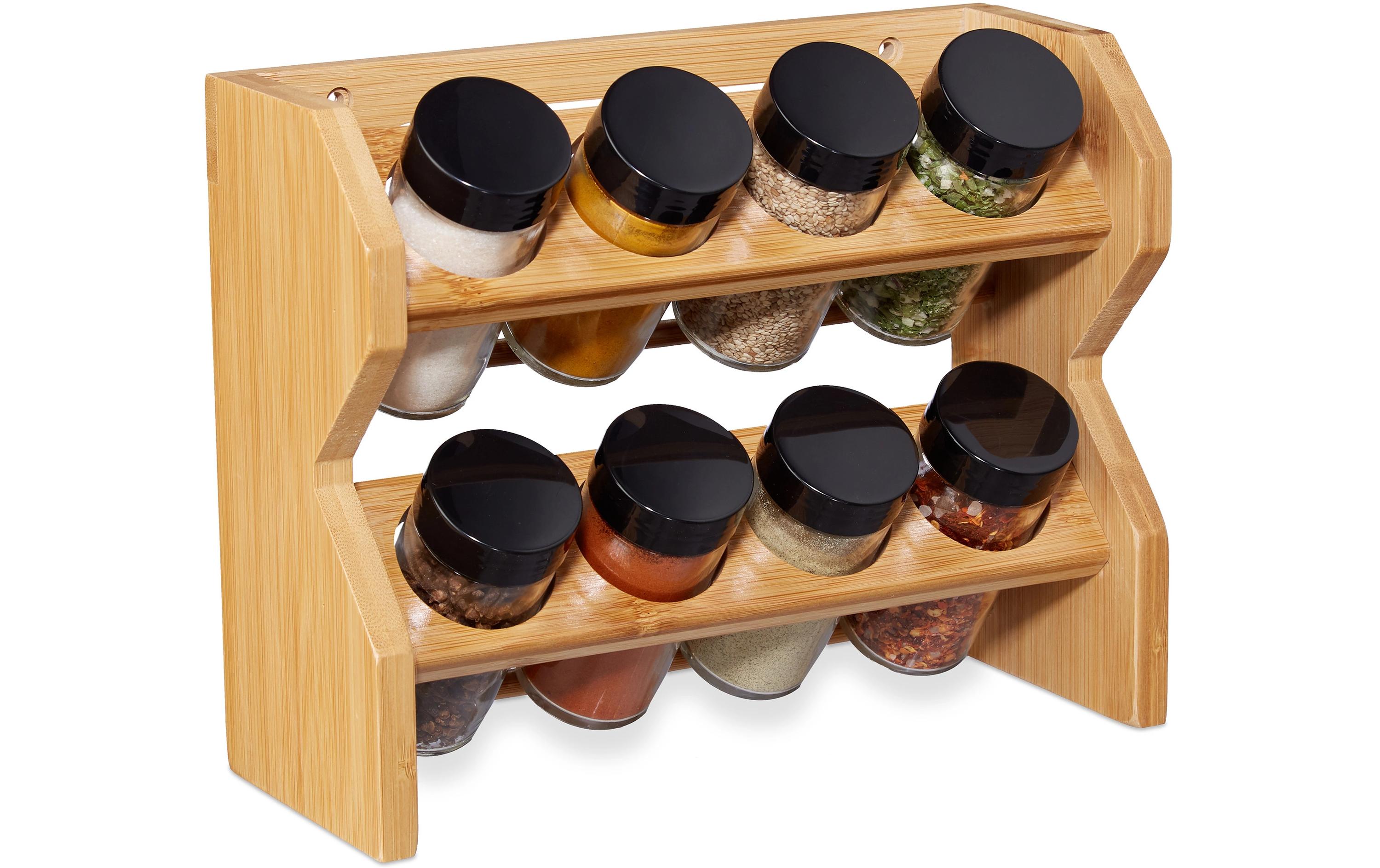 relaxdays Gewürzregal 8 Gläser Hellbraun/Schwarz/Transparent
