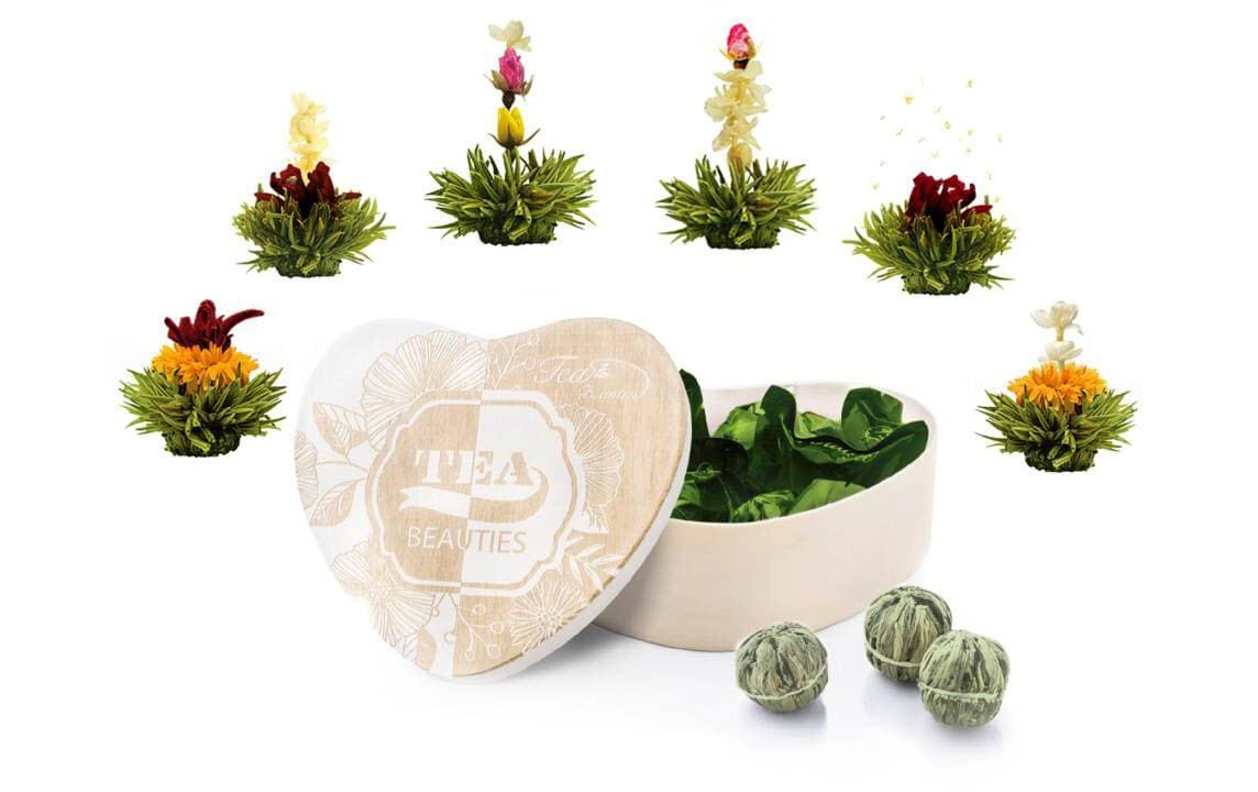 Creano Erblühtee Kugeln Mix grüner Tee 6er Holzherzbox