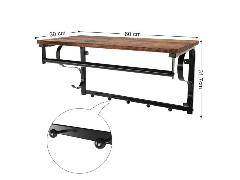 VASAGLE Wandgarderobe Industrial Look 60 x 31.7 cm, Braun/Schwarz