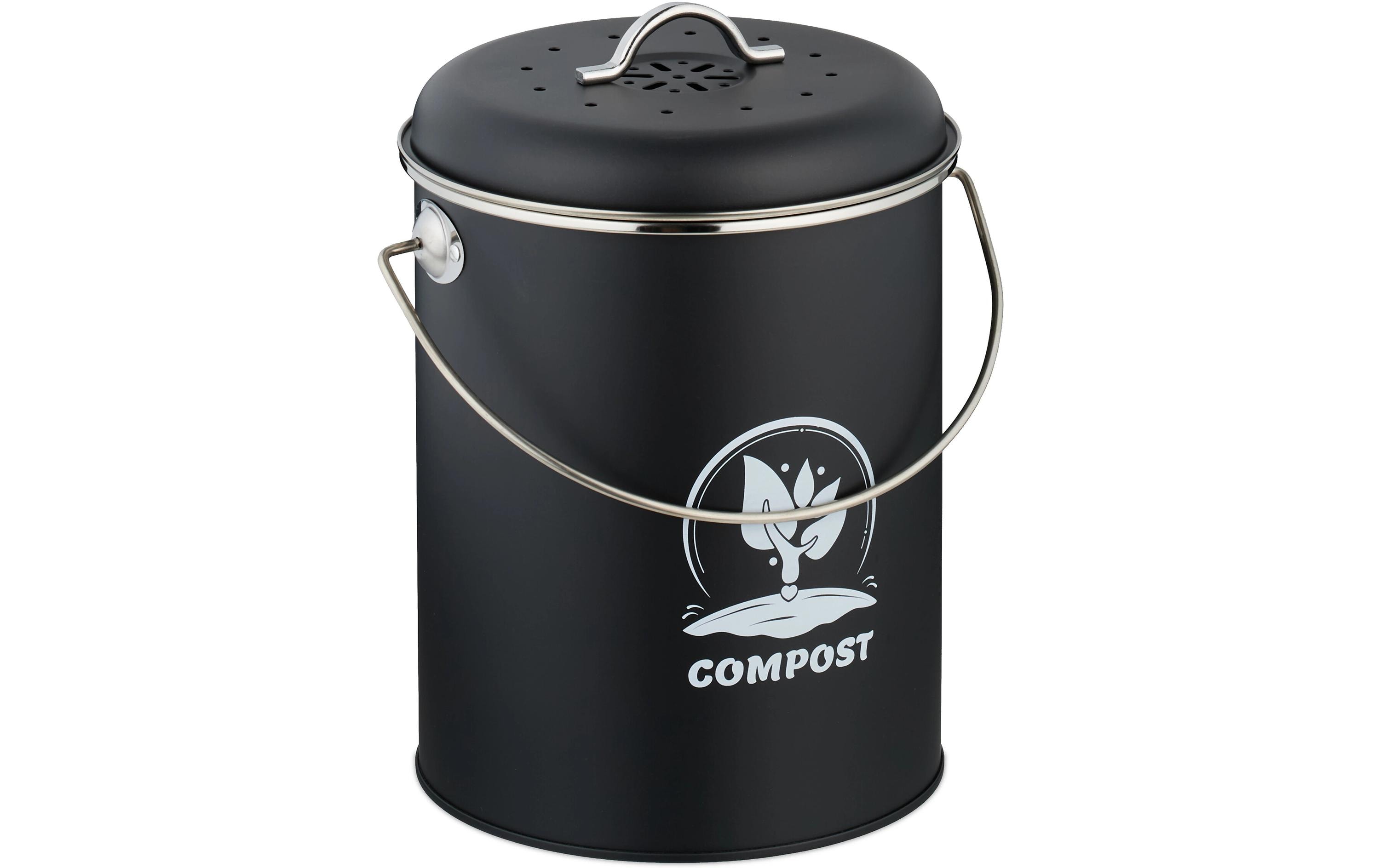 relaxdays Komposteimer mit Geruchsfilter 5.5 l, Schwarz/Silber