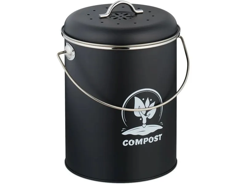 relaxdays Komposteimer mit Geruchsfilter 5.5 l, Schwarz/Silber