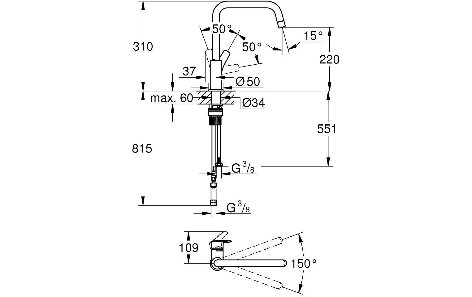 GROHE Küchenarmatur Start 3/8, Messing, U-Auslauf