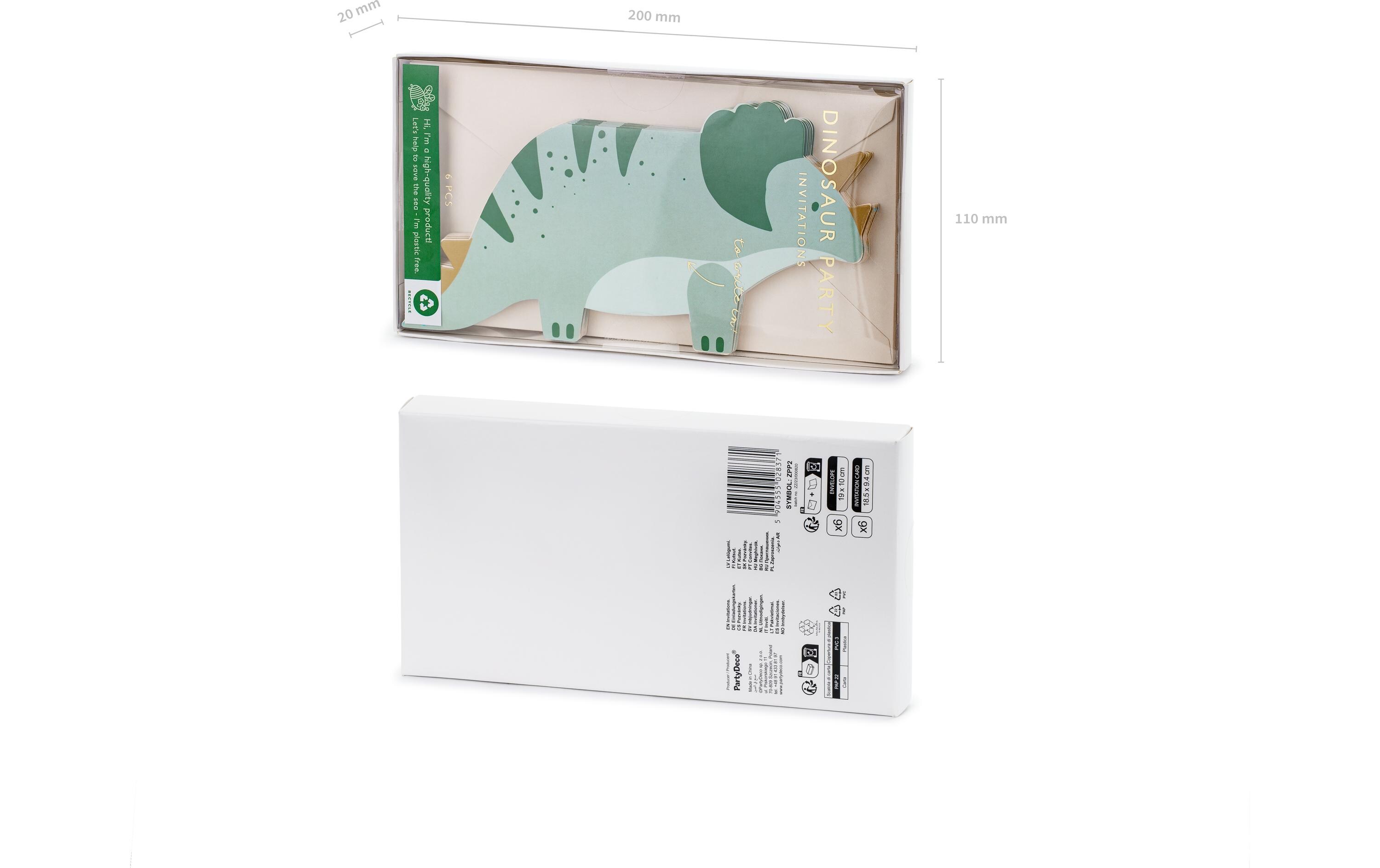 Partydeco Einladungskarte Triceratops 6 Stück