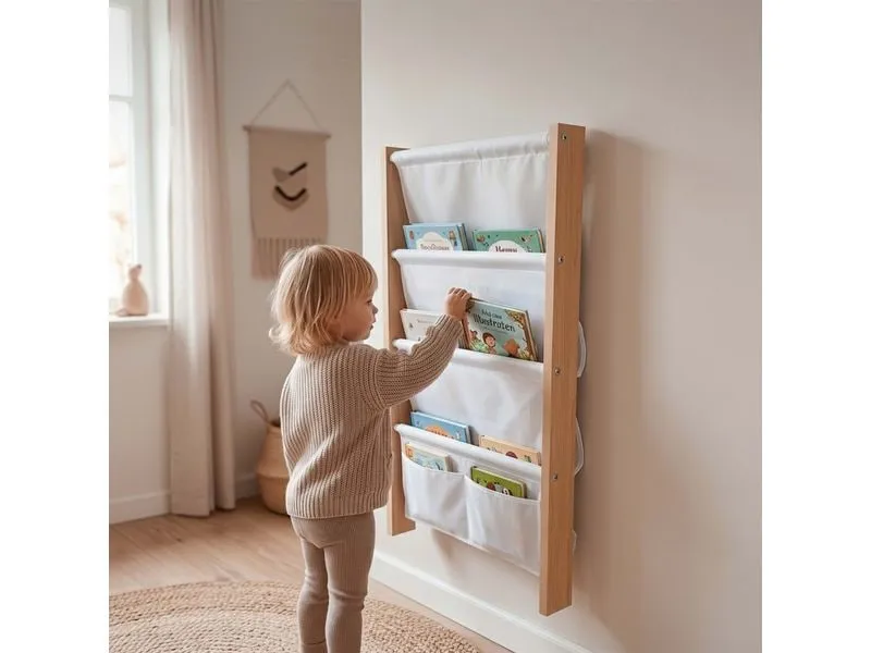 relaxdays Kinderbücherregal MDF, Stoff, Natur, Weiss relaxdays Kinderbücherregal MDF, Stoff, Natur, Weiss