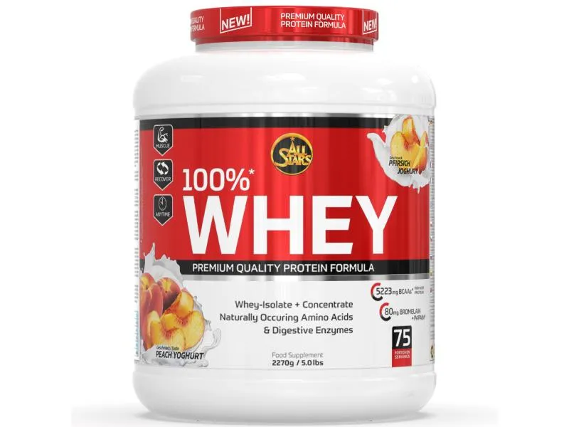 All Stars Pulver Whey Protein 100% Pfirsich-Joghurt 2270 g All Stars Pulver Whey Protein 100% Pfirsich-Joghurt 2270 g