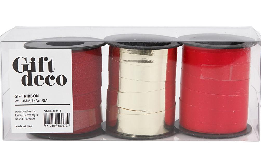 Creativ Company Geschenkband Rot/Gold 1 cm x 15 m, 3 Stück, Rot