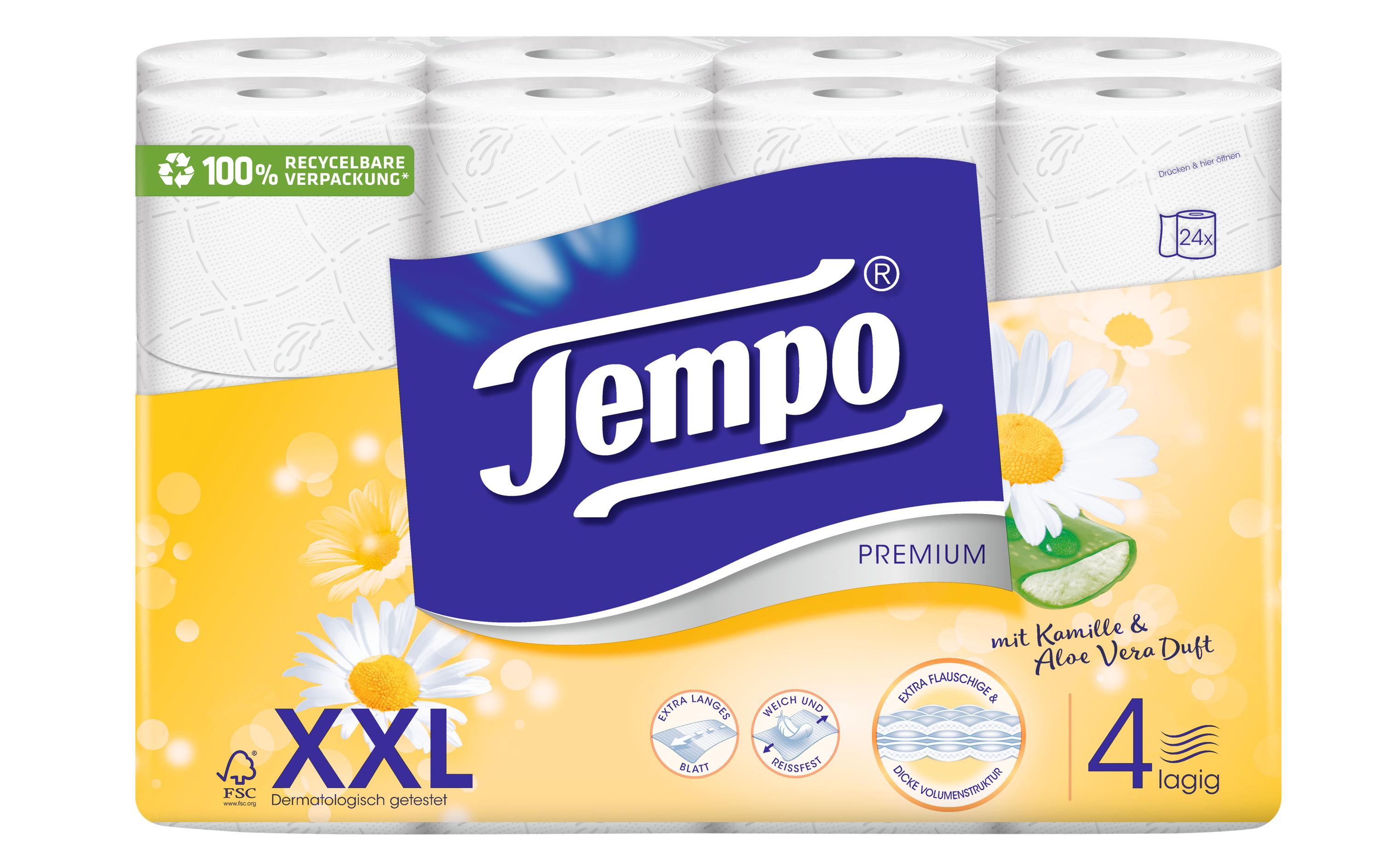 Tempo Toilettenpapier Premium Kamille Aloe Vera 24 Rollen, 4-lagig Tempo Toilettenpapier Premium Kamille Aloe Vera 24 Rollen, 4-lagig