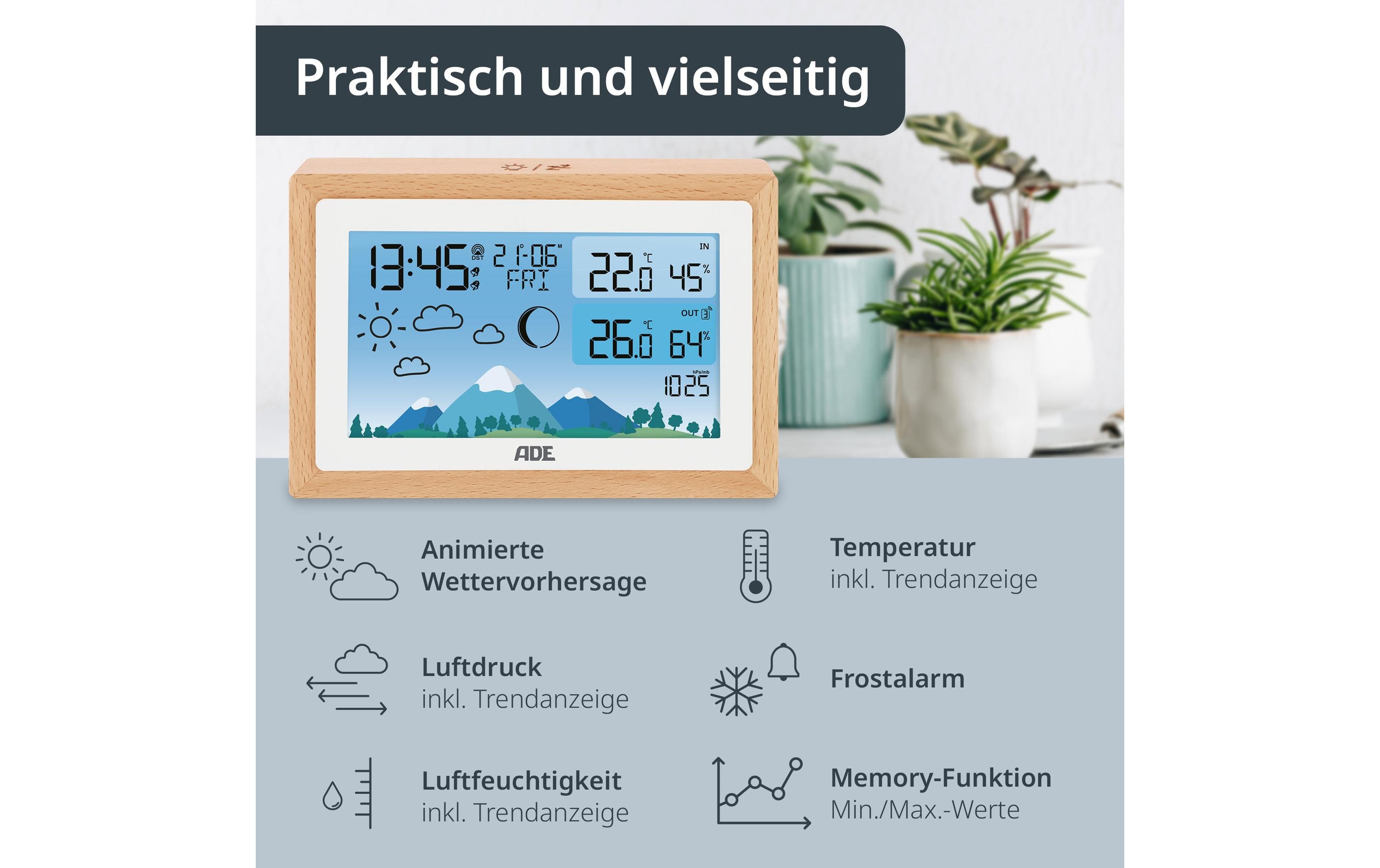 ADE Wetterstation mit Funk-Aussensensor Holz-weiss