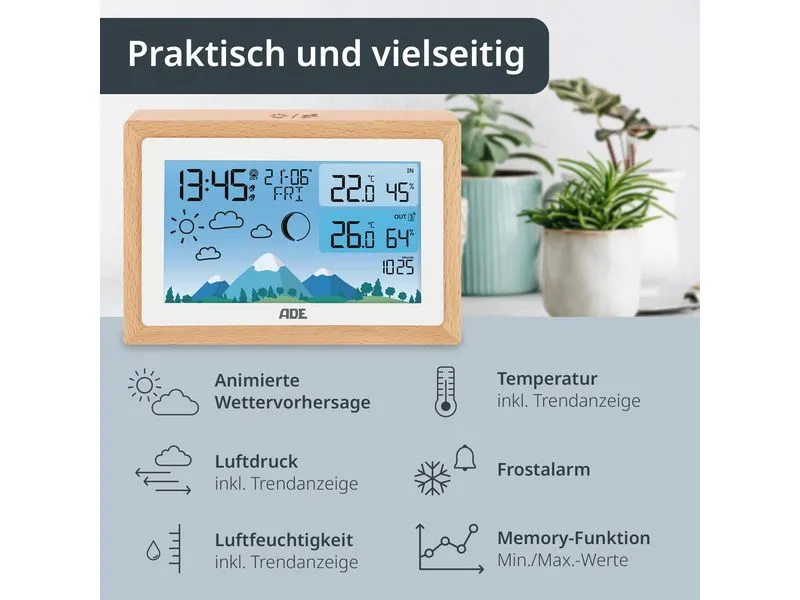 ADE Wetterstation mit Funk-Aussensensor Holz-weiss