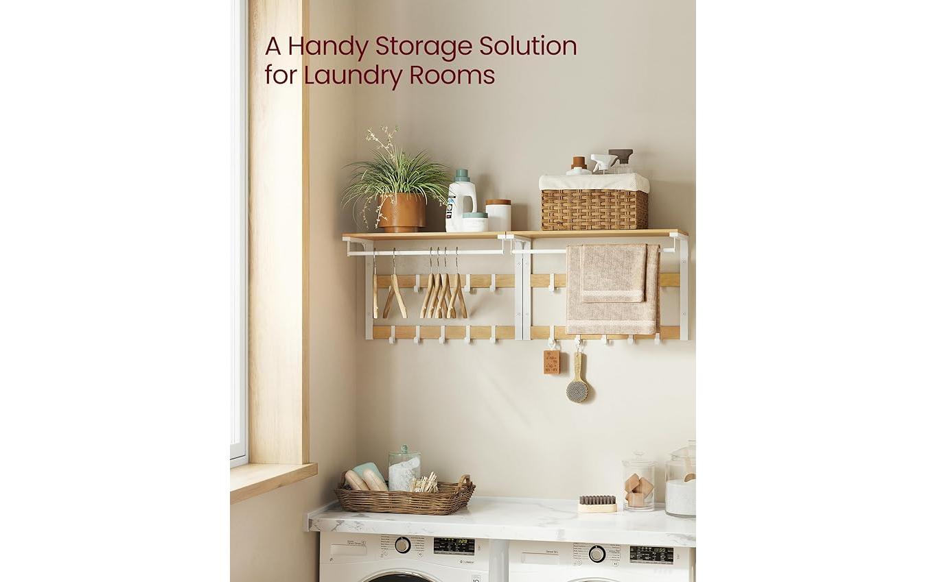 VASAGLE Wandgarderobe mit 10 Haken 65 cm x 42 cm, Weiss/Braun