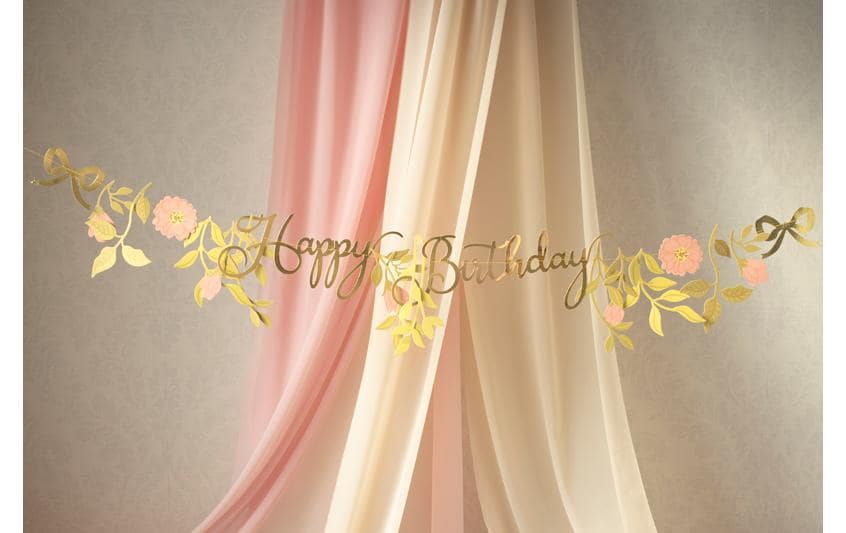 Partydeco Girlande Happy Birthday Blumen, Rosa/Gold, 1.3 m